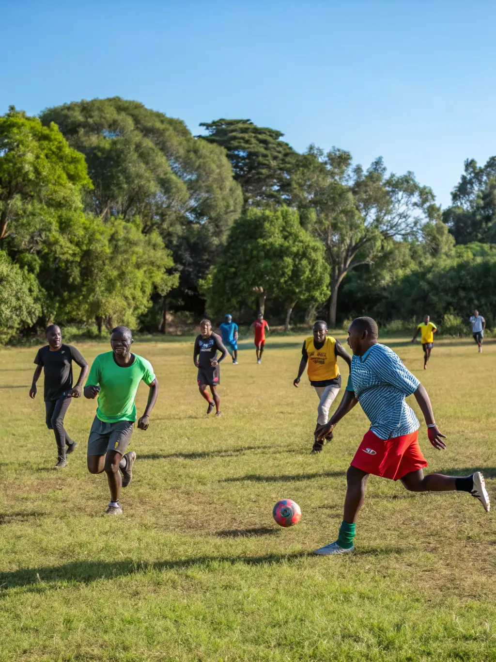 A group of children and adults playing soccer on a sunny field, smiling and enjoying the game, illustrating the Sports and Wellness Activities at CASTEL CLOS.