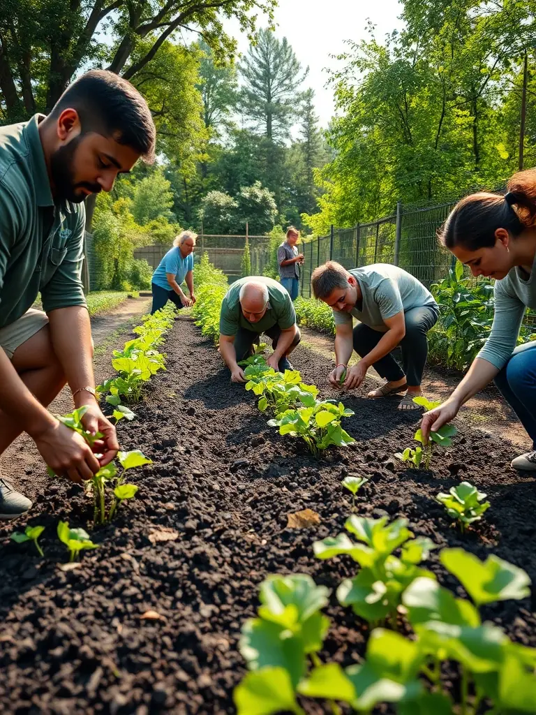 A diverse group of people participating in a community garden project, planting vegetables and flowers, symbolizing the collaborative spirit of CASTEL CLOS's programs.