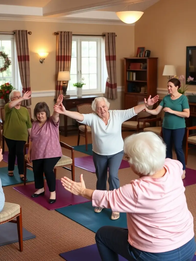 A heartwarming image of seniors participating in a gentle exercise class at Castel Clos, demonstrating the inclusivity and accessibility of the programs.