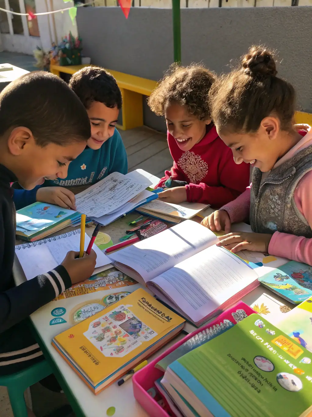 Children participating in a language class outdoors, with engaging teachers and colorful learning materials, representing the Educational Initiatives at CASTEL CLOS.