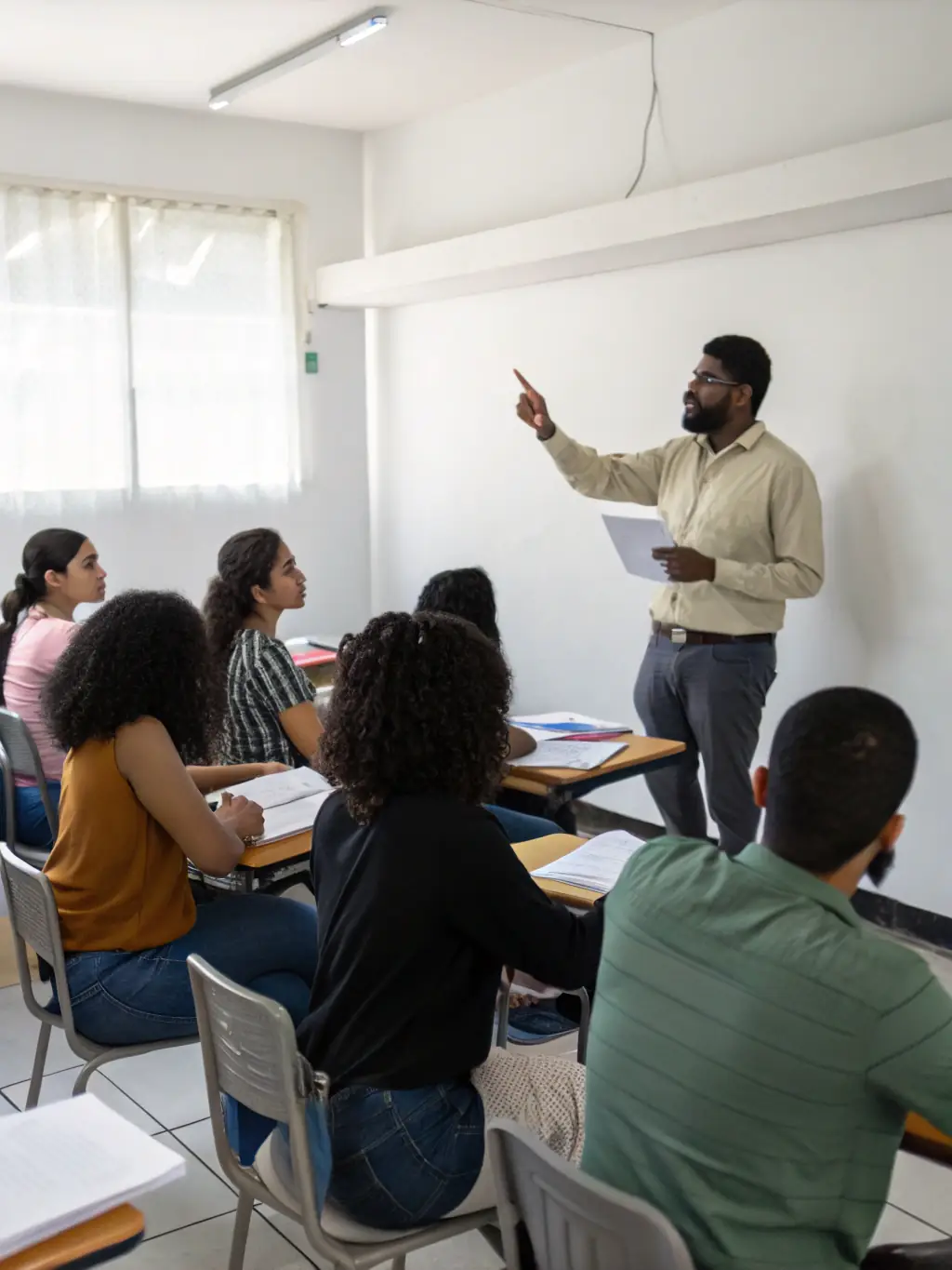 A dynamic photo of teenagers engaged in a language learning session at Castel Clos, interacting with each other and the instructor in a modern classroom setting.