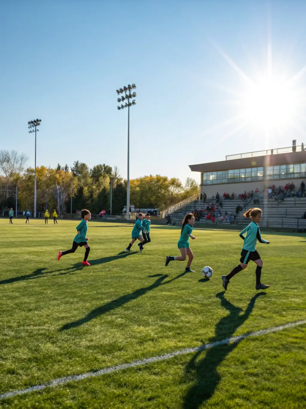 An action shot of community members participating in a sports activity at Castel Clos, showing them playing a team sport with energy and camaraderie.
