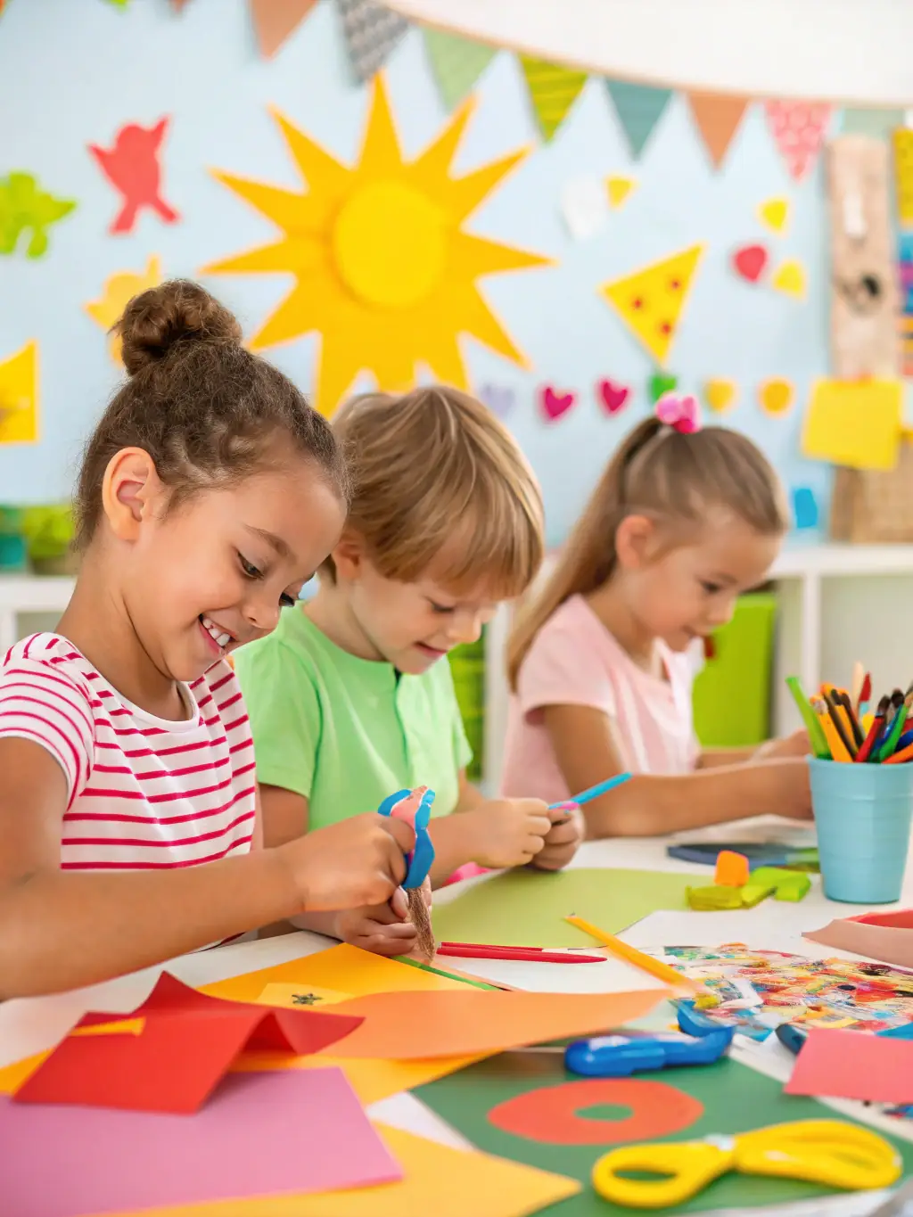 A vibrant image of children participating in a cultural workshop at Castel Clos, showcasing them learning traditional crafts with smiles and enthusiasm.