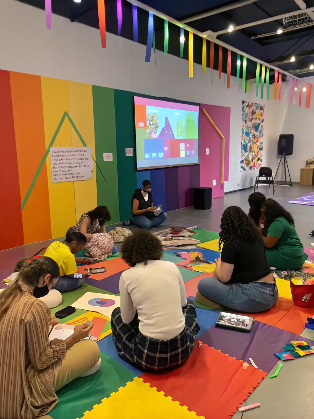 A vibrant image of a multicultural workshop with children and adults engaging in art and music activities in a community center, showcasing the Community Cultural Programs offered by CASTEL CLOS.