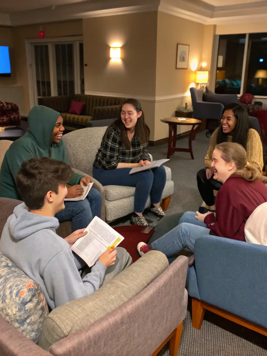 Teenagers participating in a language exchange program at Castel Clos, interacting with native speakers and learning about different cultures, emphasizing the organization's focus on language education.