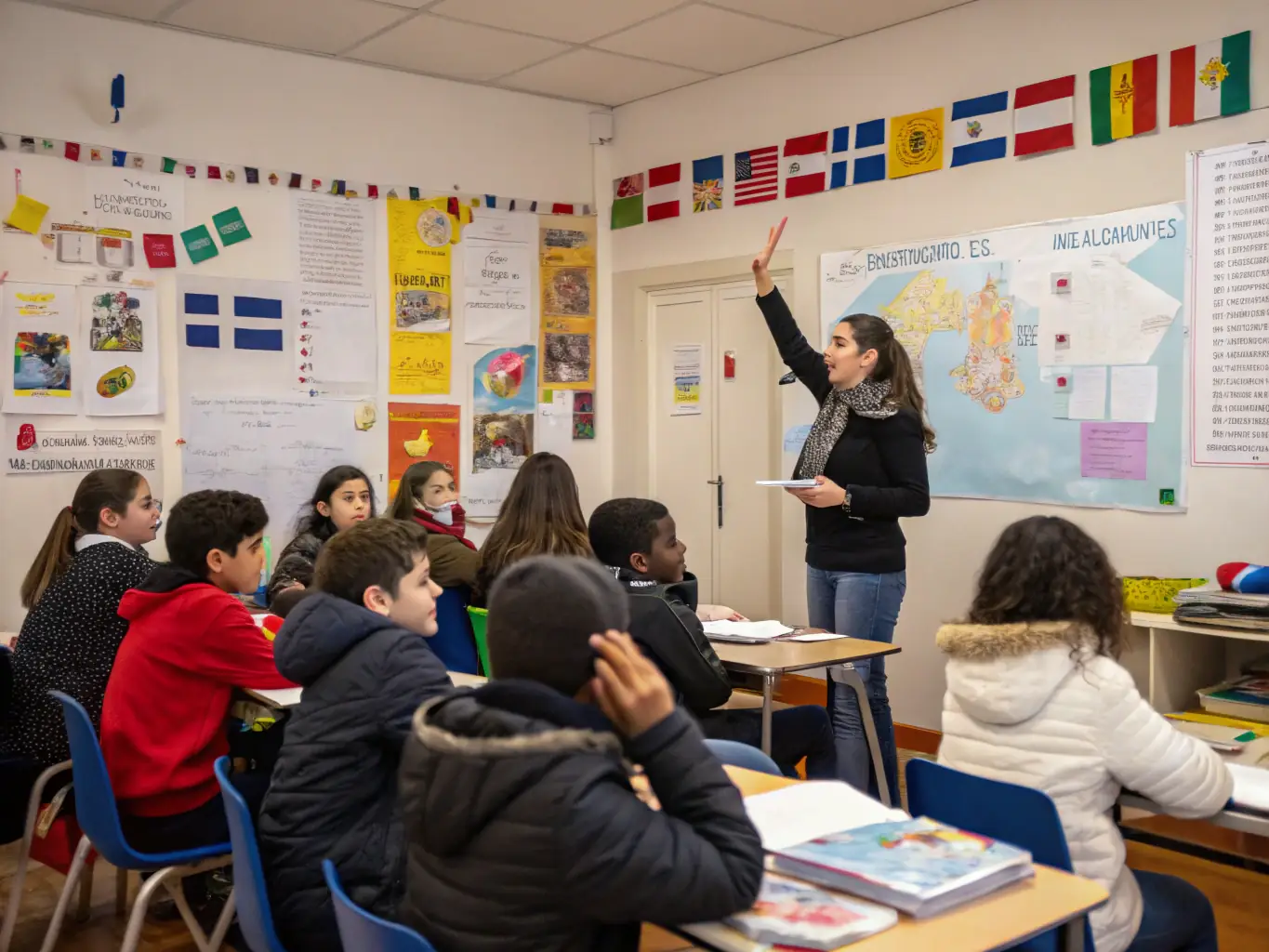 An image showing students participating in an after-school educational program at CASTEL CLOS, focusing on language skills and academic support. The setting is a classroom with students actively engaged in learning.