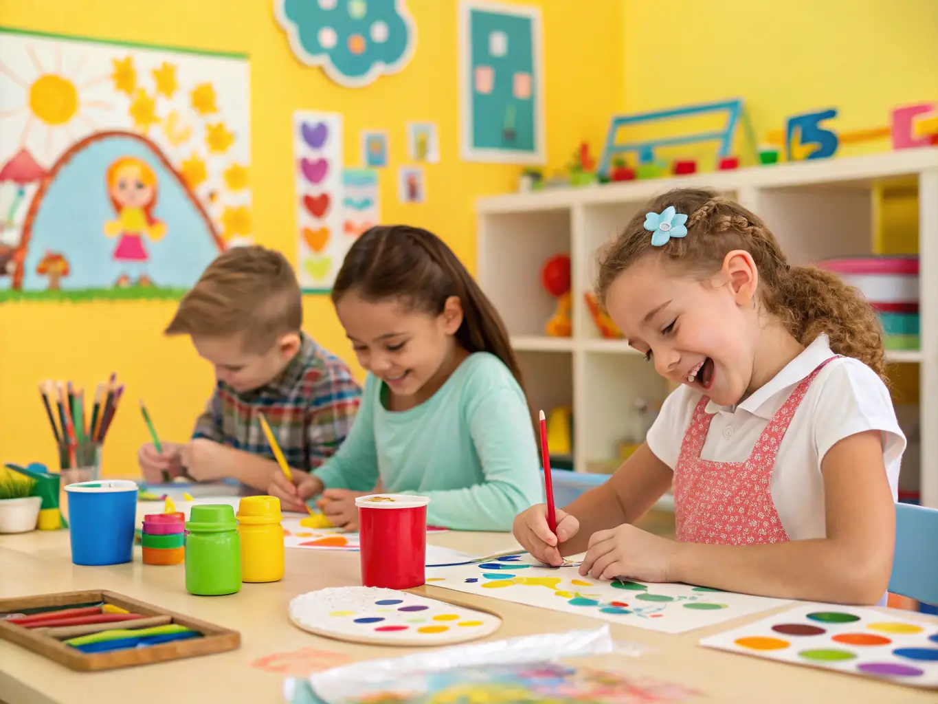 A vibrant image depicting children participating in a cultural workshop at CASTEL CLOS, showcasing traditional arts and crafts. The scene is lively and engaging, with children smiling and interacting with instructors.