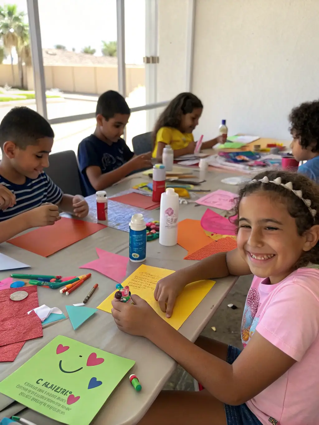 A group of children participating in a cultural workshop at Castel Clos, learning traditional crafts and engaging with local artists, showcasing the organization's commitment to cultural education.